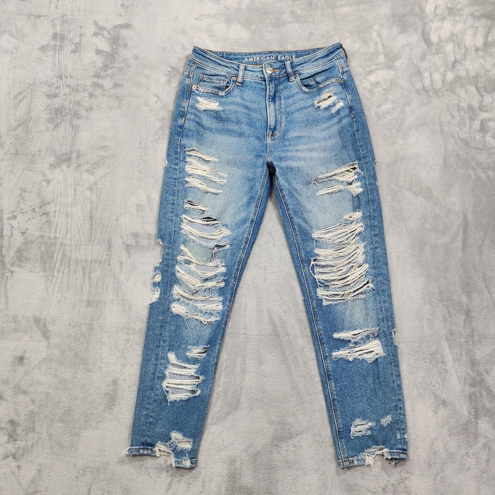American Eagle Jeans Women 4 SHORT Blue AE High Rise Mom Ripped Destroyed Skinny